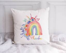 Personalised Rainbow Floral Cushion, Watercolor Nursery Decor - thumbnail 1