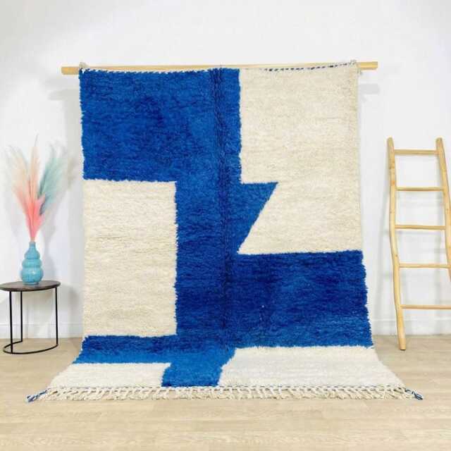 Blue Ivory Block Rug, Geometric Moroccan Shag Carpet, Handmade Berber Wool Large Area Modern High Contrast Decor - image 1