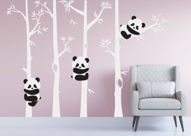 Nursery Panda Bear Bamboo Tree Wall Decal Art Forest Kids Room White Birch Stickers Custom #1350 - image 1
