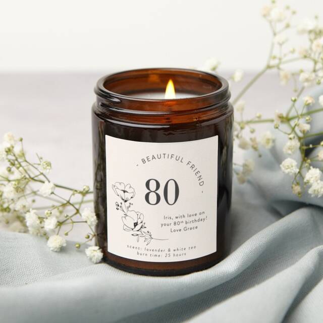 Personalised 80Th Birthday Candle Gift Floral Soy Wax - image 1