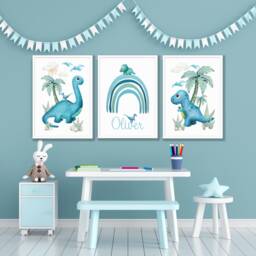 Personalised Dinosaur Prints Blue Nursery Wall Art, Set Of 3 - thumbnail 1