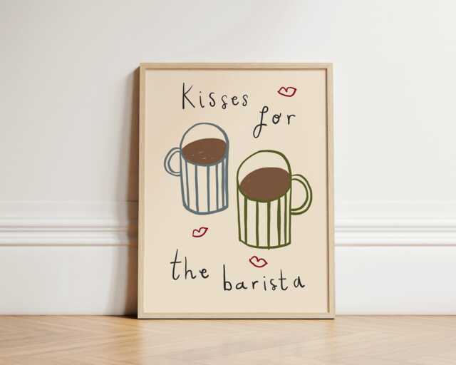 Kisses For The Barista Print, Kitchen Illustration Wall Art, Coffee Hand Drawn, Unframed - image 1
