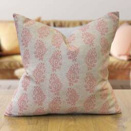 Hidcote Linen-Blend Cushion Cover in Dusky Rose Pink. Vintage Floral Emblems On A Linen Mix Cover. 17x17 - thumbnail 1