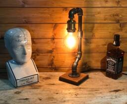 Industrial Table Lamp Bedside Lamp, Vintage English Oak Base, Upcycled Steampunk, Retro, Mancave Complete With Edison Globe Bulb & Switch - thumbnail 1