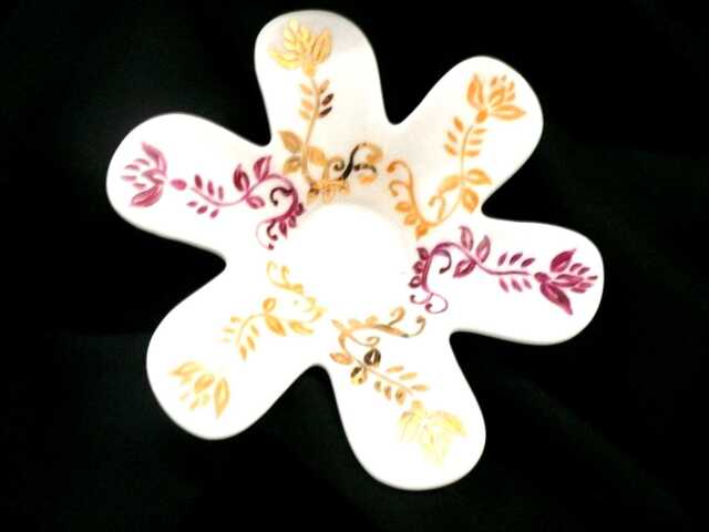 Flower Candle Holder - Hand-Painted Porcelain Indian Motif in Gold, Plum, & Ochre