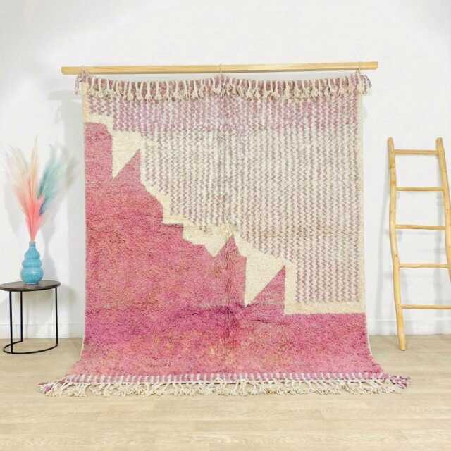 Moroccan Pink Berber Rug, Handwoven Wool Shag Rug With Geometric Mountain Pattern, Authentic Beni Ourain Style Carpet, Large 9x12 Area - image 1