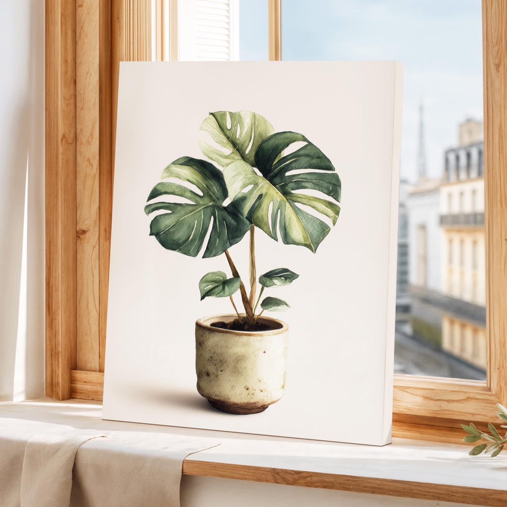 Monstera Plant Wall Art Botanical Watercolor Print Minimalist Green Leaf  Painting Boho Home Decor Framed Canvas by Etsy | uFurnish.com