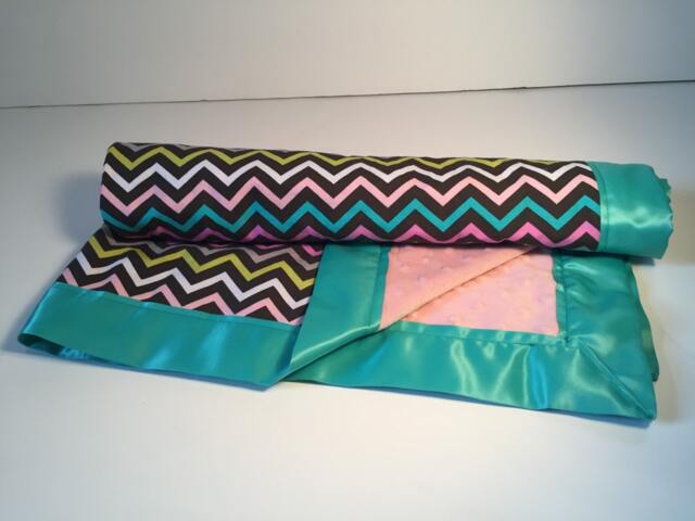 Pink Minky Baby Blanket - Chevron Cotton, Teal Satin Trim - image 1
