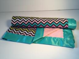 Pink Minky Baby Blanket - Chevron Cotton, Teal Satin Trim