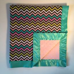Pink Minky Baby Blanket - Chevron Cotton, Teal Satin Trim - thumbnail 3