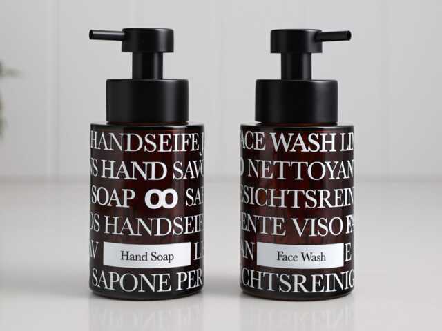 Amber Glass Hand Soap & Face Wash Dispenser Duo 250Ml, Refillable Pump Bottles With Multilingual Text Wrap For Vanity Counter - image 1
