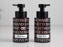 Amber Glass Hand Soap & Face Wash Dispenser Duo 250Ml, Refillable Pump Bottles With Multilingual Text Wrap For Vanity Counter - thumbnail 1