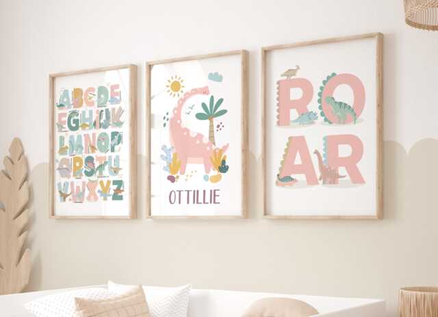 Set Of 3 Pastel Personalised Girl Dinosaur Posters, Alphabet Print, Chart Bedroom Decor, Playroom Prints - image 1