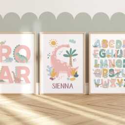 Set Of 3 Pastel Personalised Girl Dinosaur Posters, Alphabet Print, Chart Bedroom Decor, Playroom Prints - thumbnail 3