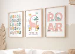 Set Of 3 Pastel Personalised Girl Dinosaur Posters, Alphabet Print, Chart Bedroom Decor, Playroom Prints - thumbnail 1