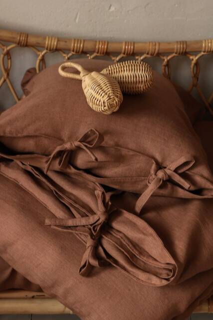 Brown Linen Bedding Set Handmade Kids Duvet Cover With Bows - image 1
