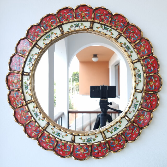 Peruvian Red Harmonious Mirror 50 cm Handmade Wall Decor - Carved Wood Round Bold Statement For Living Room Bathroom - image 1