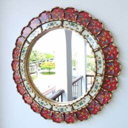 Peruvian Red Harmonious Mirror 50 cm Handmade Wall Decor - Carved Wood Round Bold Statement For Living Room Bathroom - thumbnail 3