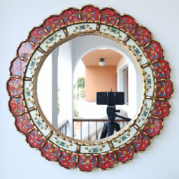 Peruvian Red Harmonious Mirror 50 cm Handmade Wall Decor - Carved Wood Round Bold Statement For Living Room Bathroom