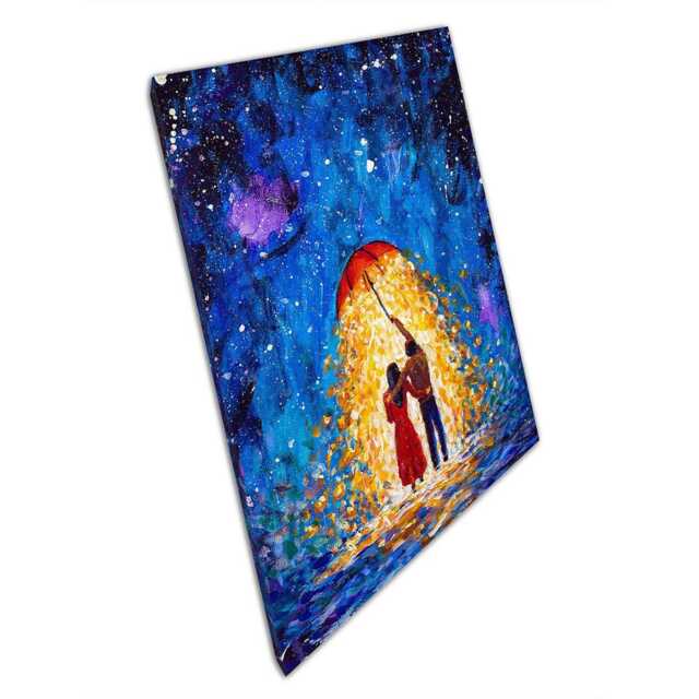 Romantic Couple Canvas Wall Art - Glowing Umbrella On Starry Winter Night Decor - image 1