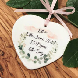 Personalised New Baby Botanical Wreath Ceramic Heart - Gift Keepsake Christening Baptism - thumbnail 1