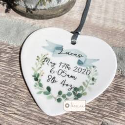 Personalised New Baby Botanical Wreath Ceramic Heart - Gift Keepsake Christening Baptism - thumbnail 2
