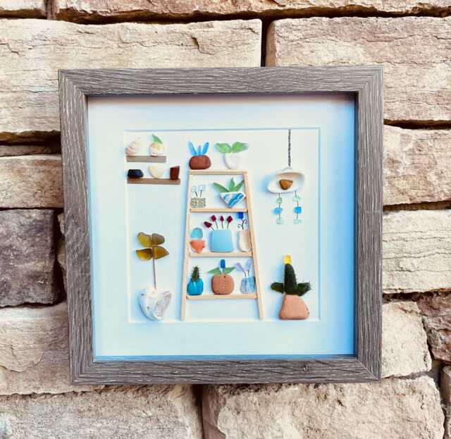 Sea Glass & Pottery Flower Shelves - Original Framed Artwork With Shells Coastal Wall Art - image 1