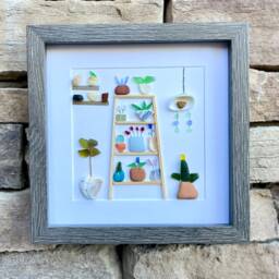 Sea Glass & Pottery Flower Shelves - Original Framed Artwork With Shells Coastal Wall Art - thumbnail 2