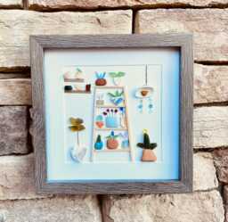 Sea Glass & Pottery Flower Shelves - Original Framed Artwork With Shells Coastal Wall Art - thumbnail 1