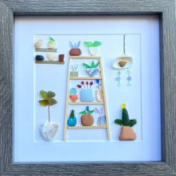 Sea Glass & Pottery Flower Shelves - Original Framed Artwork With Shells Coastal Wall Art - thumbnail 3