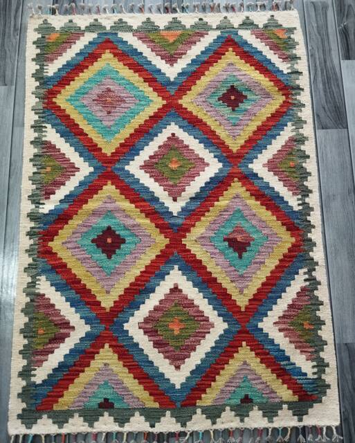 Afghan Rug, Traditional Artisan Turkish Navajo Geometric Wool Kilim Rug 123x86 cm - image 1