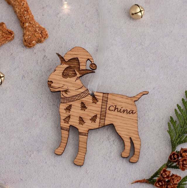 English Bull Terrier Christmas Ornament Personalised Wooden Dog Gifts Decoration Rustic Xmas Bauble Memorial - image 1
