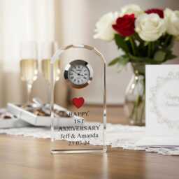 Personalised 1st Wedding Anniversary Crystal Glass Clock Gift - thumbnail 1