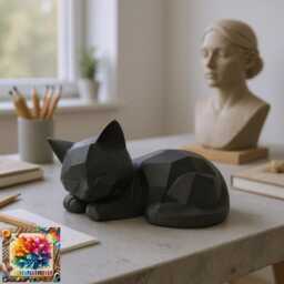 Low Poly Sleeping Kitten Figure - Three Sizes Modern Geometric Cat Art - thumbnail 1