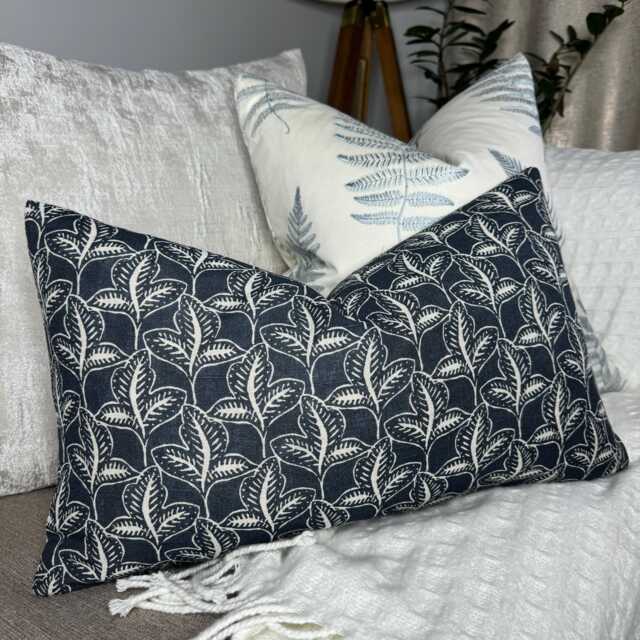 Navy Leaf Cushion Cover, Navy Pillow Modern Sofa John Lewis Fabric , Exley Country/Farmhouse Home Decor Size 12 - image 1