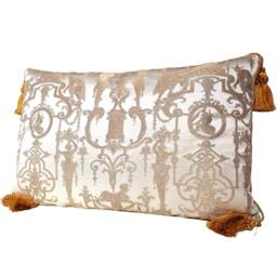 Gold Tassel Corners Throw Pillow Cushion Cover Silk Brocade Rubelli Fabric White & Aida Pattern - Made in Italy - thumbnail 4