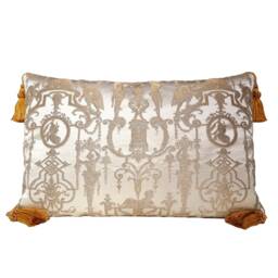 Gold Tassel Corners Throw Pillow Cushion Cover Silk Brocade Rubelli Fabric White & Aida Pattern - Made in Italy - thumbnail 1