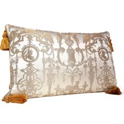 Gold Tassel Corners Throw Pillow Cushion Cover Silk Brocade Rubelli Fabric White & Aida Pattern - Made in Italy - thumbnail 3