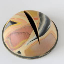 Small Round Colorful Nerikomi Mirror, Peach Yellow Pink Marbled Ceramic Vase, Round Pink Orange Turquoise Abstract Flower Pot Vase - thumbnail 3