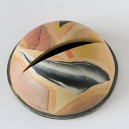 Small Round Colorful Nerikomi Mirror, Peach Yellow Pink Marbled Ceramic Vase, Round Pink Orange Turquoise Abstract Flower Pot Vase - thumbnail 2