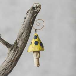 Yellow Mushroom Christmas Tree Decor - Artisan Ceramic Woodland Ornament