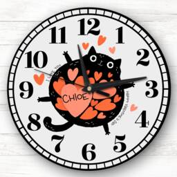 Black Cat Hearts Valentine's Day Gift Grey Personalised Clock - thumbnail 1