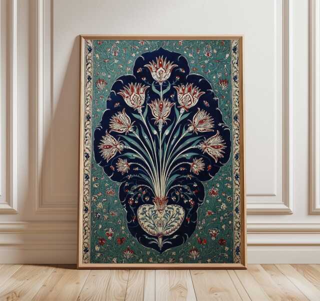 Persian Floral Wall Art, Intricate Middle Eastern Pattern Poster, Teal & Navy Decorative Print - image 1