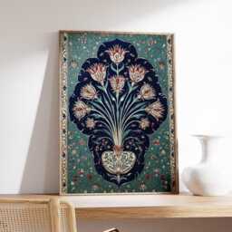 Persian Floral Wall Art, Intricate Middle Eastern Pattern Poster, Teal & Navy Decorative Print - thumbnail 2