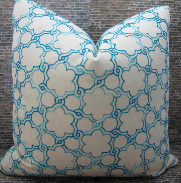 Designer Pillow Cover, Lattice Embroidered, Turquoise - image 1