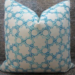 Designer Pillow Cover, Lattice Embroidered, Turquoise - thumbnail 3
