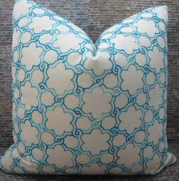 Designer Pillow Cover, Lattice Embroidered, Turquoise - thumbnail 1