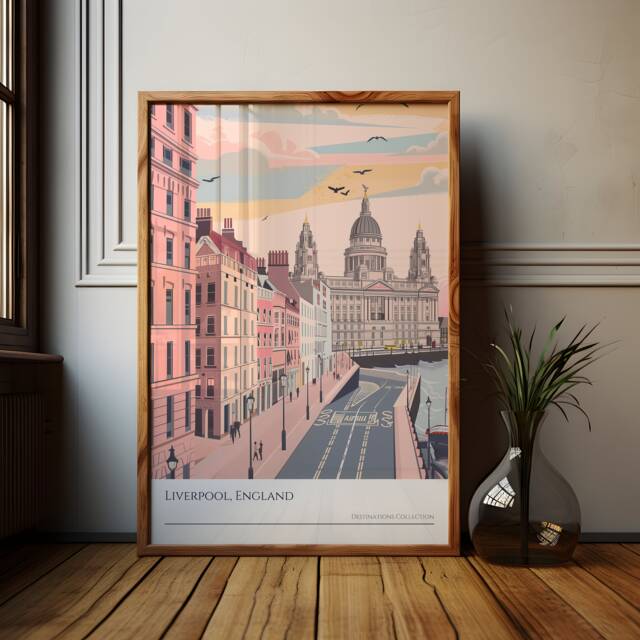 Liverpool England Poster Pink Waterfront Cityscape Art - image 1