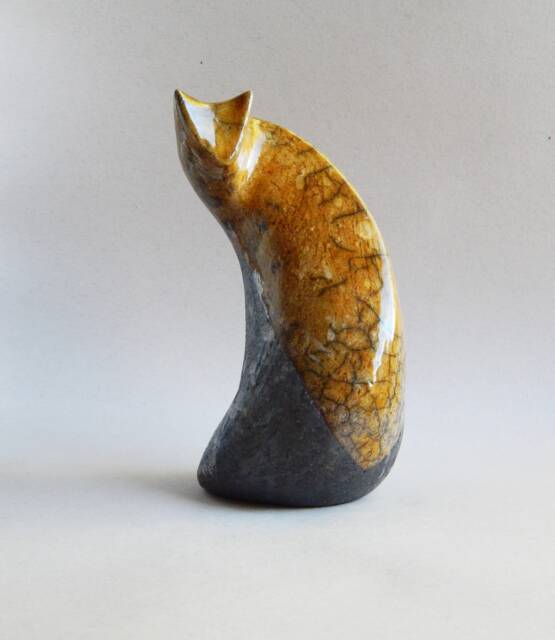 Ceramic Sculpture Of A Cat, Spotted Cat, Ceramics Raku, Cognac, Glaze, Art, Pets, Christmas Present, Original Gift, Collection Cats, Black Cat - image 1