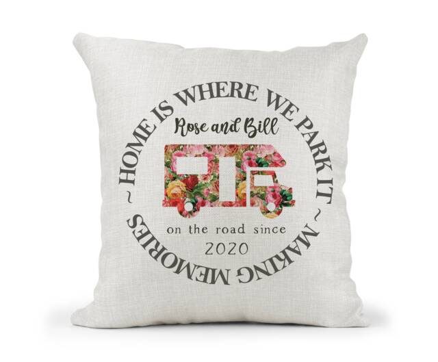 Personalised Camper Van Motorhome Campervan Cream Canvas Cushion, Home Is Where We Park It , Home Decor, Wedding, Anniversary Gift - image 1